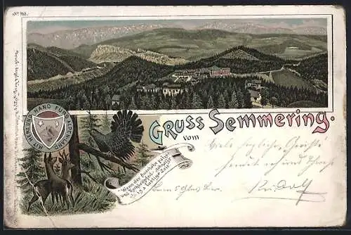 Lithographie Semmering, Gruss vom Semmering, Rehe im Wald, Gesamtansicht des Ortes