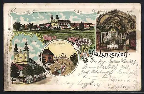 Lithographie Maria Lanzendorf, Wallfahrtskirche, Gnadenkapelle, Kalvarienberg, Ortsansicht