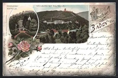 Lithographie Baden, Cholera-Kapelle, Weilburg mit Rauhenek, Rosen
