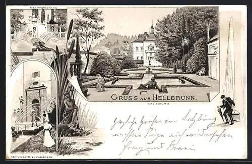 Lithographie Salzburg, Hellbrunn, Blick zum Schloss, Neptungrotte, Marmorbassins