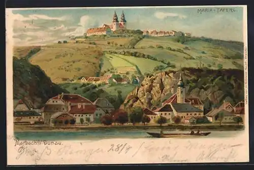 Lithographie Marbach /Donau, Totale mit Maria Taferl