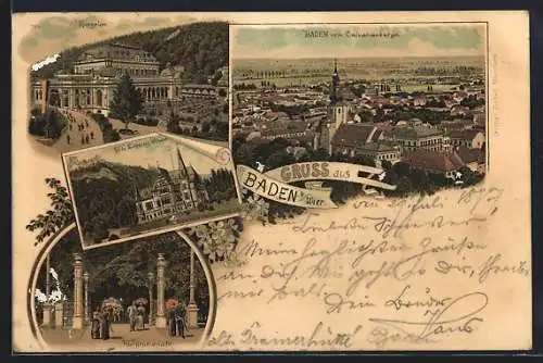 Lithographie Baden, Kursalon, Villa Erzherzog Wilhelm, Kurpromenade