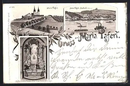 Lithographie Marbach a. d. Donau, Teilansicht mit Maria Taferl, Wallfahrtskirche, Gnaden Altar