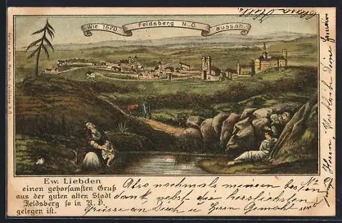 Lithographie Feldsberg /N.-Ö., Historische Ortsansicht im Jahr 1670