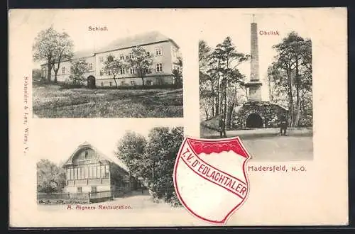 AK Hadersfeld /N.-Ö., Restaurant A. Aigner, Schloss, Obelisk