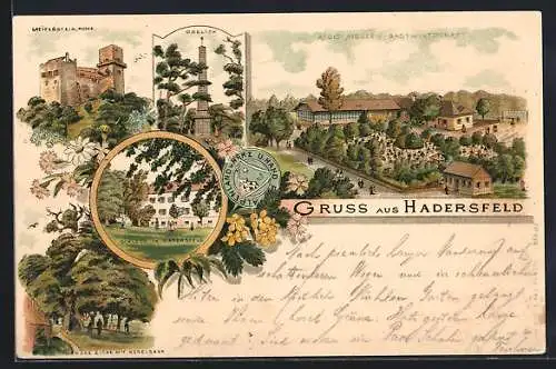Lithographie Hadersfeld, Alois Aigner`s Gasthaus, Ruine Greifenstein, Obelisk, Schloss in Hadersfeld