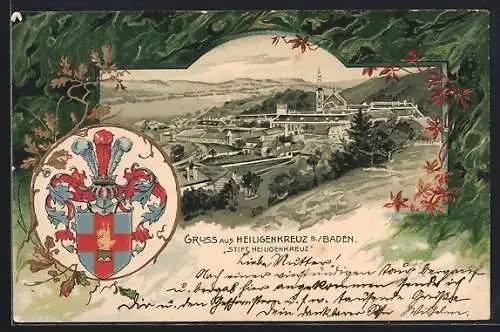 Lithographie Heiligenkreuz b. Baden, Stift Heiligenkreuz, Passepartout mit Wappen