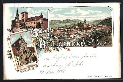 Lithographie Heiligenkreuz bei Baden, Stiftseingang, Romanische Basilicafacade, Ortsansicht