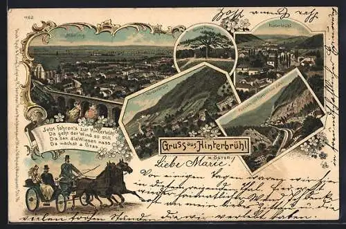 Lithographie Mödling /N. Öster., Klausen mit Elektrischer Bahn, Breite Föhre, Ortsansicht