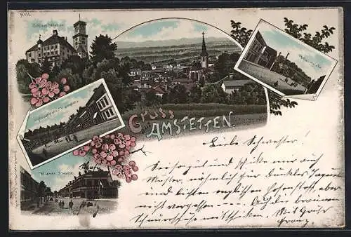 Lithographie Amstetten, Wiener Strasse, Hauptplatz, Schloss Walse, Totalansicht