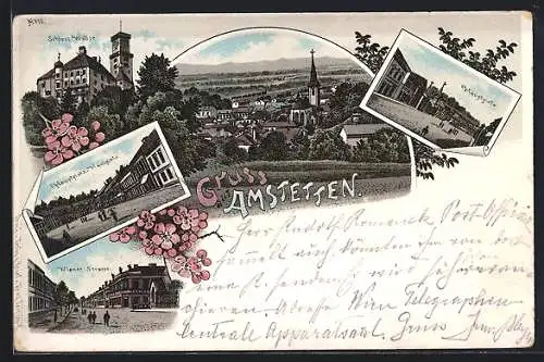 Lithographie Amstetten, Wiener Strasse, Hauptplatz, Schloss Walse, Totalansicht