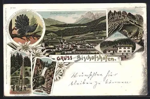 Lithographie Bischofshofen, Gasthaus Mitterberg, Totalansicht mit Hochkönig