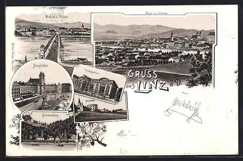 Lithographie Linz a. D., Volksgarten, Hauptplatz, Freinberg, Calvarienberg