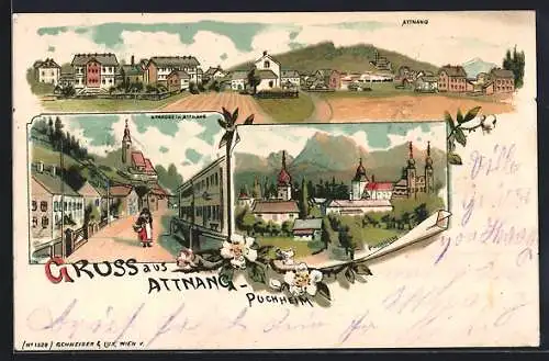 Lithographie Attnang-Puchheim, Strassenpartie im Ort, Teilansicht mit Kirche, Blick auf den Ort