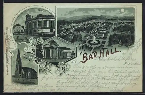 Mondschein-Lithographie Bad Hall, Theater, Neue Pfarrkirche, Thassilo-Quelle