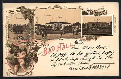 Lithographie Bad Hall, Kurhaus, Trinkhalle, Promenade