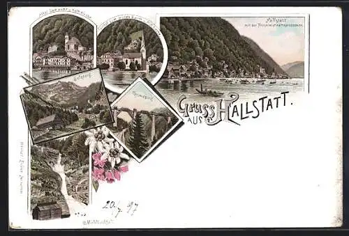 Lithographie Hallstatt, Mühlbachfall, Hotel Seeauer, Gasthof zum grünen Baum