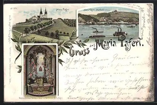 Lithographie Marbach a. D., Wallfahrtskirche Maria Taferl mit Gnadenaltar und Donaudampfern
