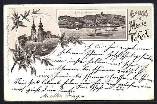 Lithographie Maria Taferl, Teilansicht mit Marbach, Kirche Maria Taferl