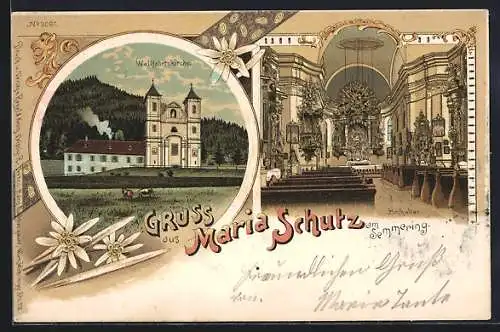Lithographie Maria Schutz, Wallfahrtskirche - Hochaltar und Gebäude hinter äsenden Hirschen