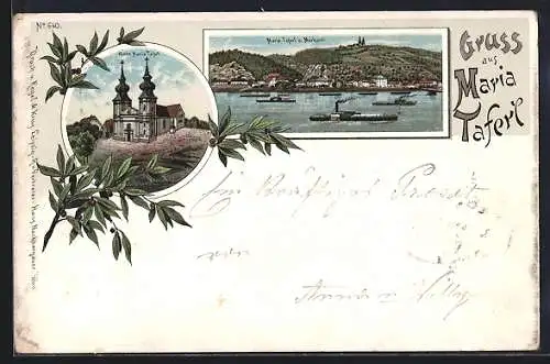 Lithographie Maria Taferl, Kirche Maria Taferl und Gesamtansicht mit Dampfern