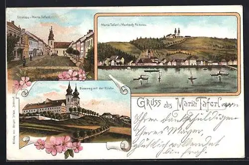 Lithographie Maria Taferl, Ortsansicht mit Marbadch a / d. Donau, Strassenpartie mit Kirche, Bussweg mit der Kirche