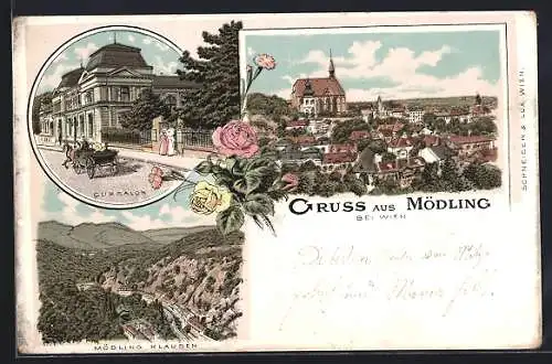 Lithographie Mödling, Cursalon, Blick auf die Stadt, Blick auf Mödling-Klausen