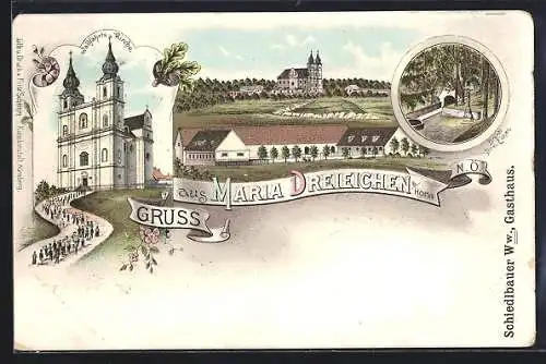 Lithographie Maria Dreieichen, Wallfahrtskirche, Bründl Drei Eichen, Ortsansicht