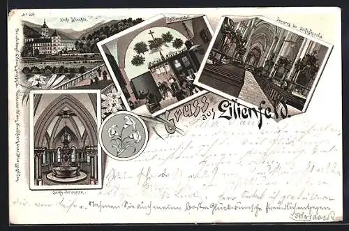 Lithographie Lilienfeld, Gasthof Kellerstübel, Blick auf das Stift, Stiftskirche