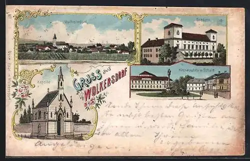 Lithographie Wolkersdorf, Schloss, Kirche, Kirchenplatz und Schule