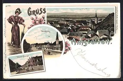 Lithographie Amstetten, Blick auf den Ort, Hauptplatz, Wiener Strasse, Frau mit Schirm
