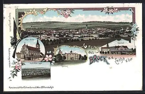 Lithographie Bruck an der Leitha, Panorama, Pfarr-Kirche, K. u. K. Militär-Lager, Schloss Harrach, Bahnhof