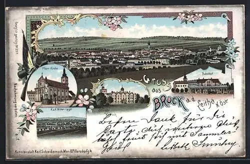 Lithographie Bruck a. d. Leitha, K. u. K. Militär-Lager, Bahnhof, Pfarrkirche