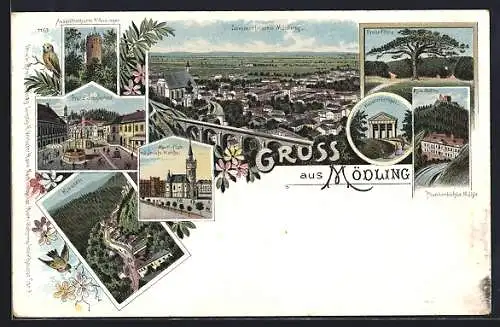 Lithographie Mödling, Plankenbichler Mühle und Ruine, Breite Föhre, Husarentempel