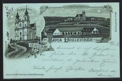 Mondschein-Lithographie Maria Dreieichen b. Horn, Wallfahrtskirche mit Prozession, Ortspartie