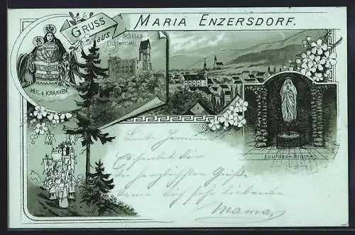 Mondschein-Lithographie Maria Enzersdorf, Schloss Lichtenstein, Lourdes-Brunnen, Heil d. Kranken