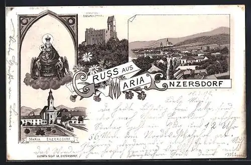 Lithographie Maria Enzersdorf, Teilansicht, Schloss Liechtenstein, Kirche mit Gnadenbild