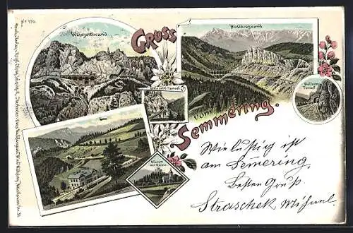 Lithographie Semmering, Weinzettlwand, Weinzettl-Tunnel, Klamm mit Ruine