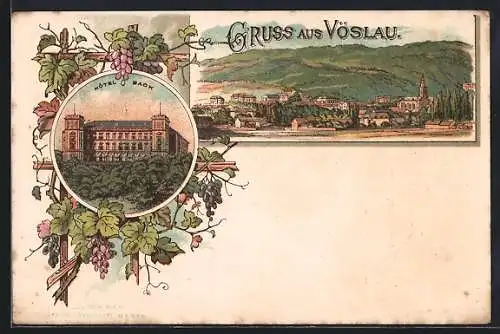 Lithographie Vöslau, Hotel Back, Teilansicht