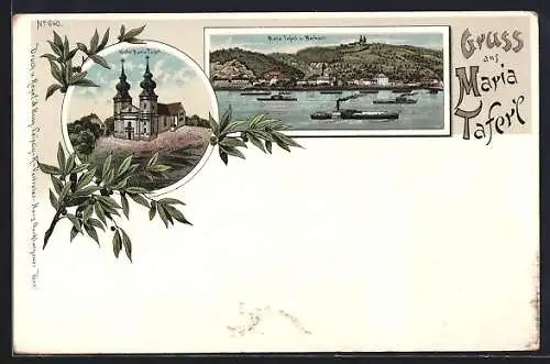 Lithographie Maria Taferl, Teilansicht mit Marbach, Kirche Maria Taferl