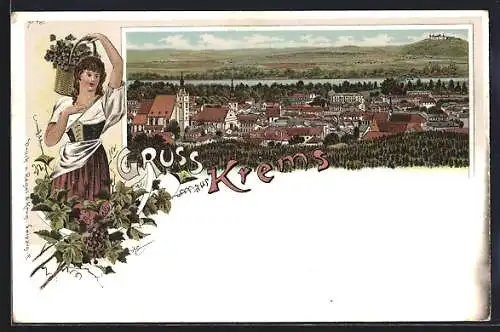 Lithographie Krems /Donau, Ortsansicht im Passepartout mit Weinpflückerin