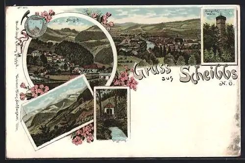 Lithographie Scheibbs /N. Ö., Neustift, Burghof-Warte, Ursprung