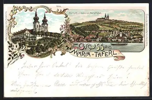 Lithographie Maria Taferl, Ortsansicht mit Marbach, Wallfahtskirche