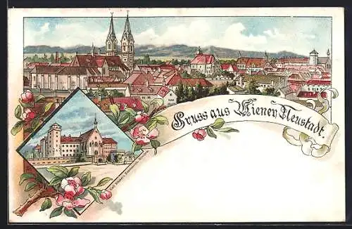 Lithographie Wiener Neustadt, Teilansicht mit Kirche, Militärakademie