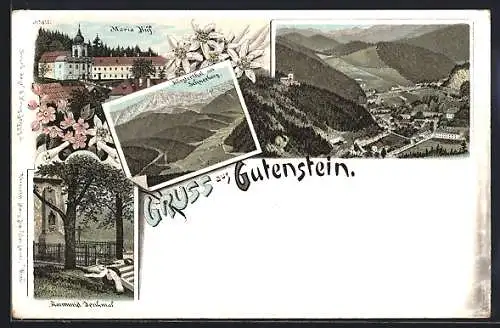 Lithographie Gutenstein, Maria Hilf, Klosterthal mit Schneeberg, Raimund Denkmal, Panorama