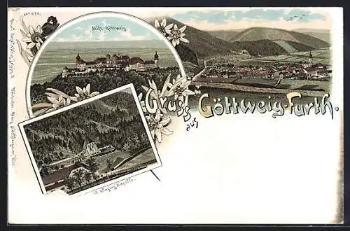 Lithographie Göttweig-Furth, St. Blasius-Kapelle, Stift Göttweig, Gesamtansicht