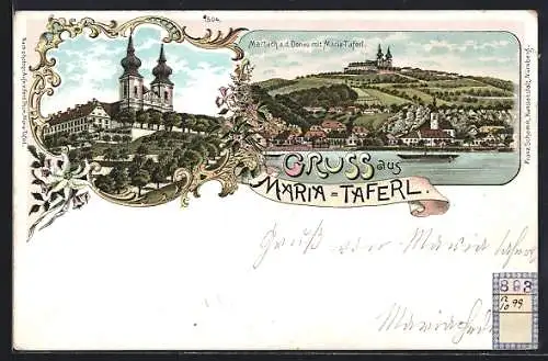 Lithographie Marbach /Donau, Maria Taferl, Ortsansicht mit Donau