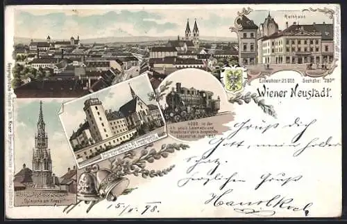 Lithographie Wien-Neustadt, Panorama, Rathaus, Militäracademie m. St. Georgskapelle, Spinnerin am Kreuz
