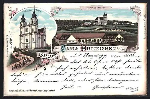 Lithographie Maria Dreieichen, Ortspartie, Wallfahrts Kirche