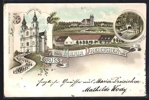 Lithographie Maria Dreieichen b. Horn, Wallfahrtskirche mit Prozession, Bründl Drei Eichen